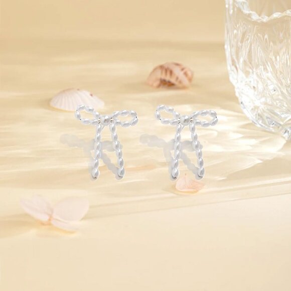 Women's White Earrings Long Tassel Chain Drop Earrings Trendy Small Bow Sparkly - Picture 5 of 6